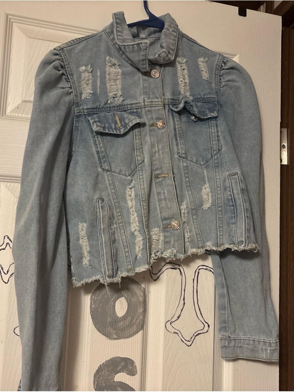 Casual Light Blue Distressed Jean Jacket with Puff Shoulder
